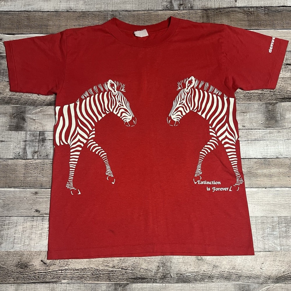 Denver Zoo Shirt Size Medium Red Vintage 80s Zebras Extinction Is Forever Nature